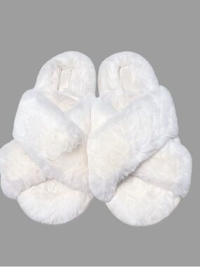 PINK Victoria's Secret White Plush Crisscross Slippers
